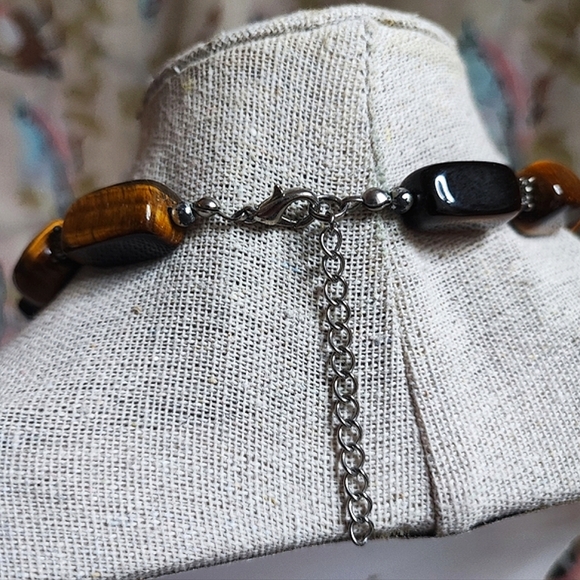 Heavy Stone Tiger's Tiger Eye Brown Carmel Cold Vintage Silver Tone Necklace - Picture 4 of 8